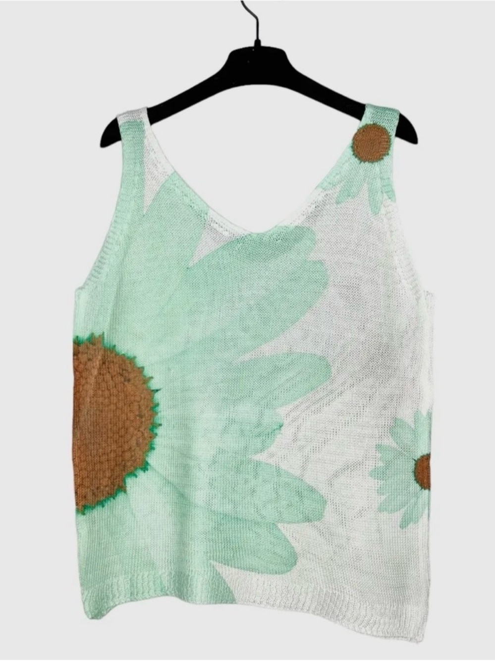 Mint Daisy Print V-Neck Knit One Size Tank Top Made in Italy
